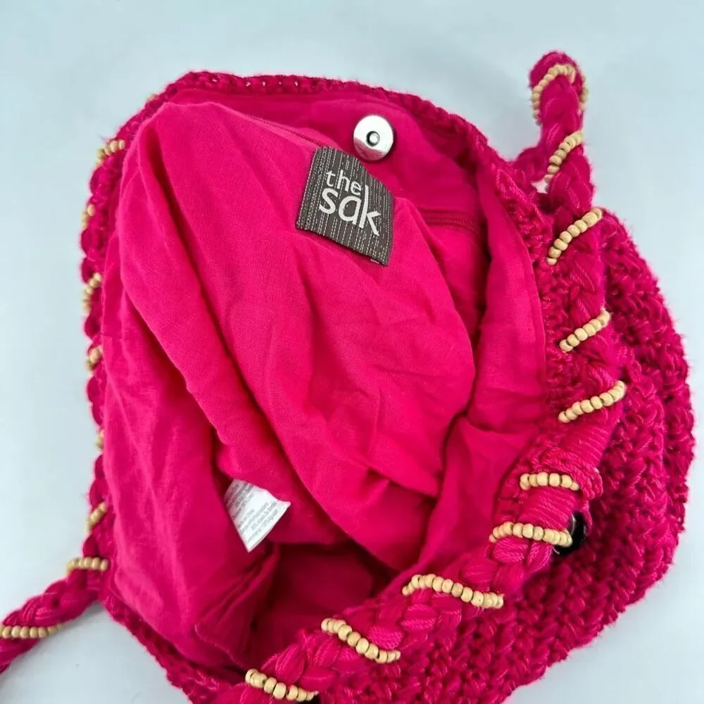 The Sak Women's Beaded Wrapped Handle knit Crochet Hobo Shoulder‎ Bag Pink Small